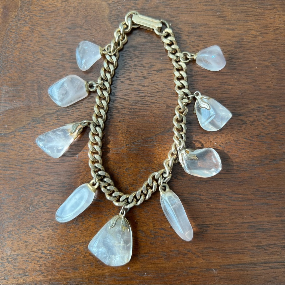 Gold Tone Rose Quartz Dangle Charm Bracelet Metal Curb Chain Vintage